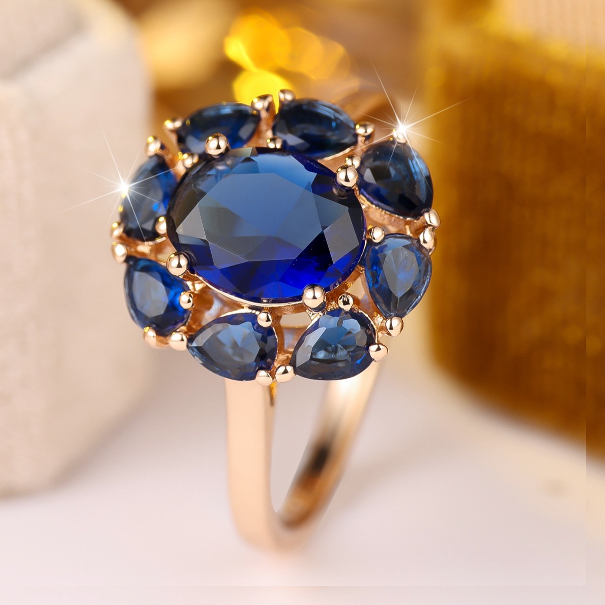 Women's Golden Tone Blue Synthetic Zirconia Statement Ring